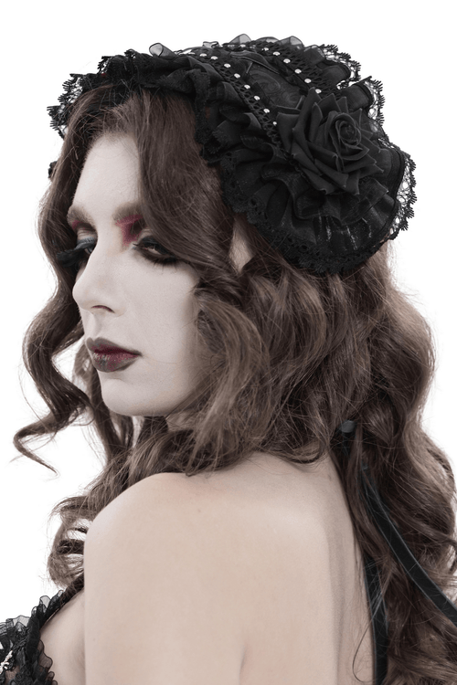 Gothic Lace Bonnet Headpiece with Rose Details