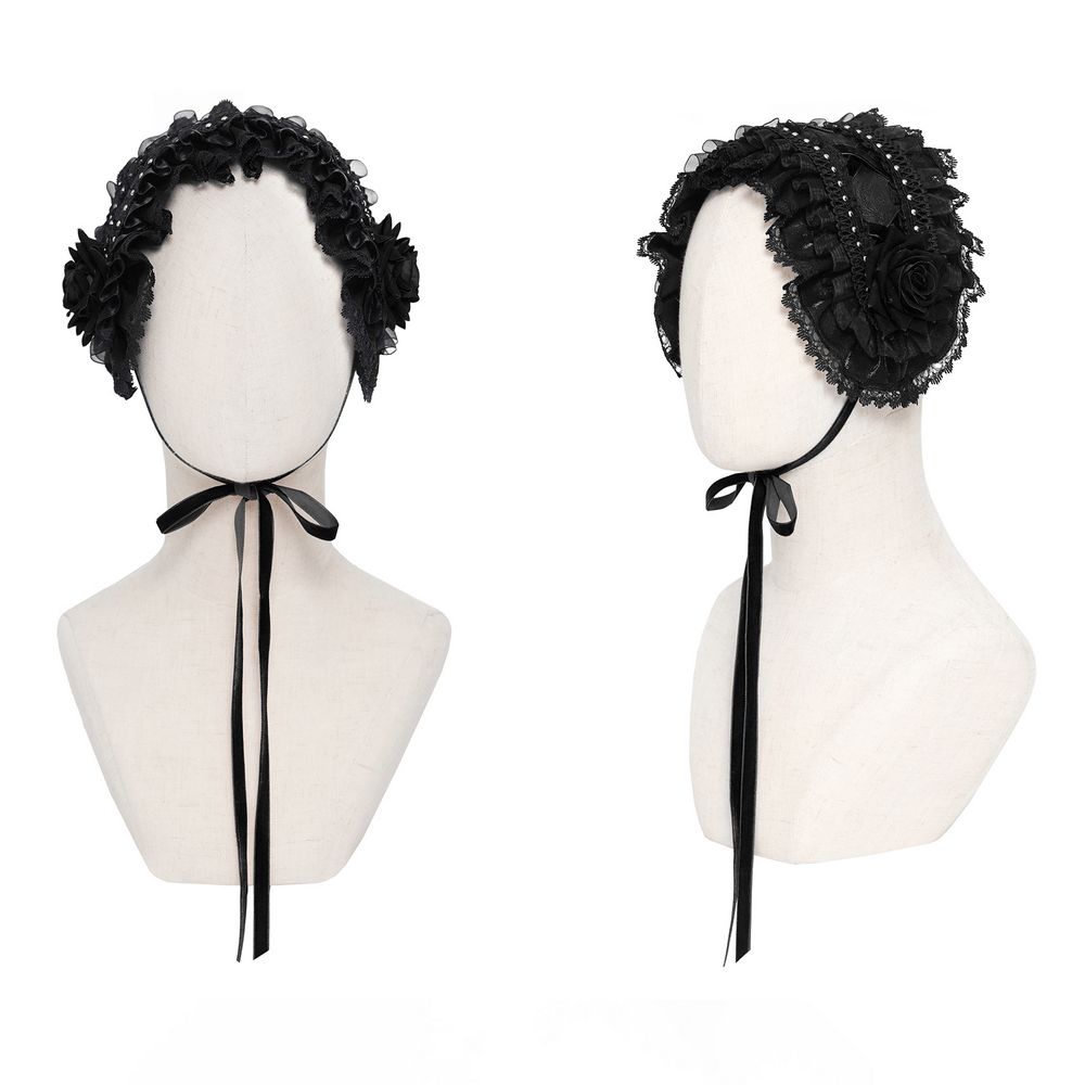 Gothic Lace Bonnet Headpiece with Rose Details displayed on a mannequin, showcasing intricate lace and flower accents.
