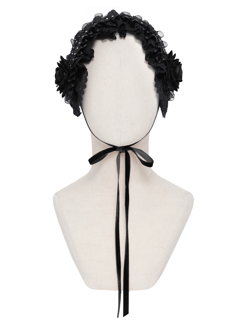 Gothic Lace Bonnet Headpiece with Rose Details elegantly displayed on a mannequin.