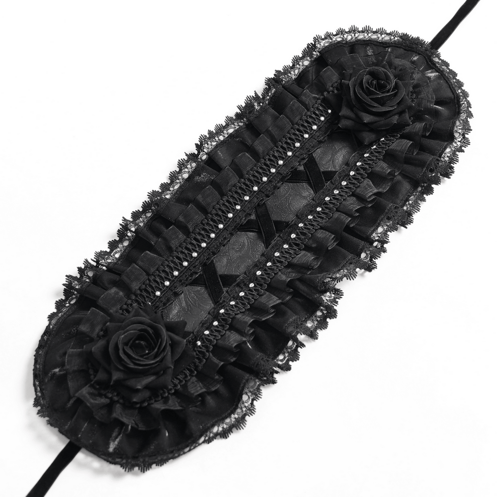 Gothic Lace Bonnet Headpiece with Rose Details showcasing intricate lace and rose embellishments.