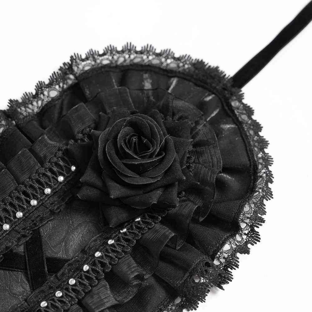 Gothic Lace Bonnet Headpiece with Rose Details showcasing elegant black lace and a detailed rose embellishment.