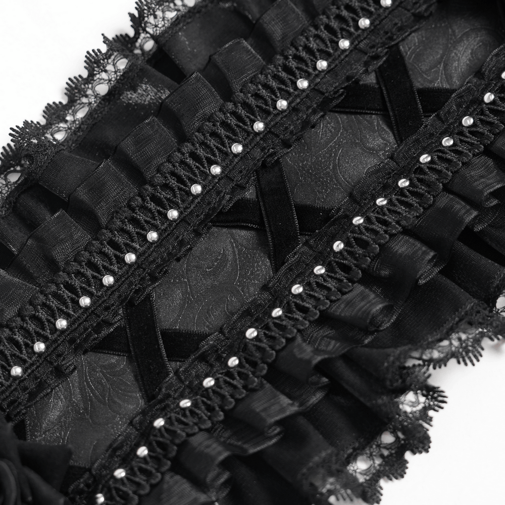 Gothic Lace Bonnet Headpiece with Rose Details showcasing intricate lace and ribbon embellishments.