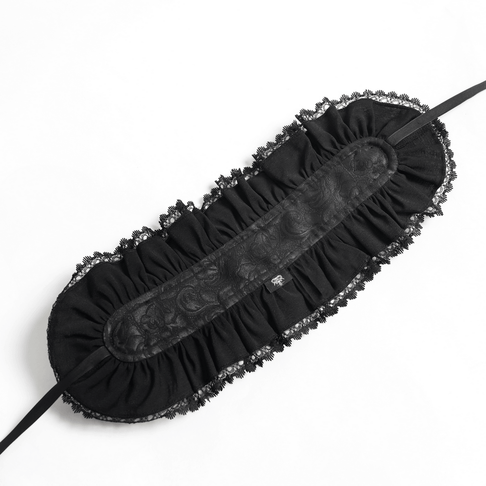 Gothic Lace Bonnet Headpiece with Rose Details, featuring intricate lace and ruffles in black.