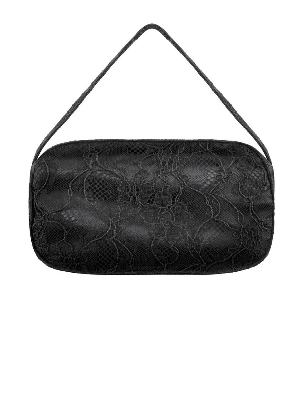 Gothic Lace Bow Mini Handbag with Zipper Closure featuring vintage black lace design and structured baguette shape.