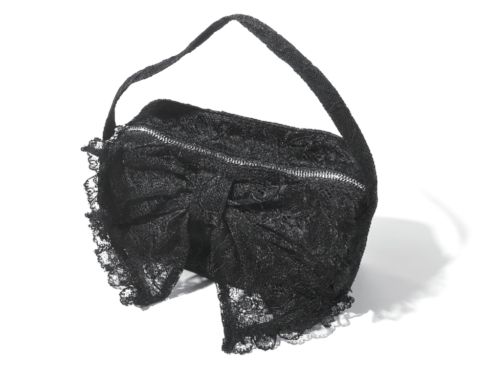 Gothic Lace Bow Mini Handbag with Zipper Closure, vintage black lace baguette purse with dramatic bow.