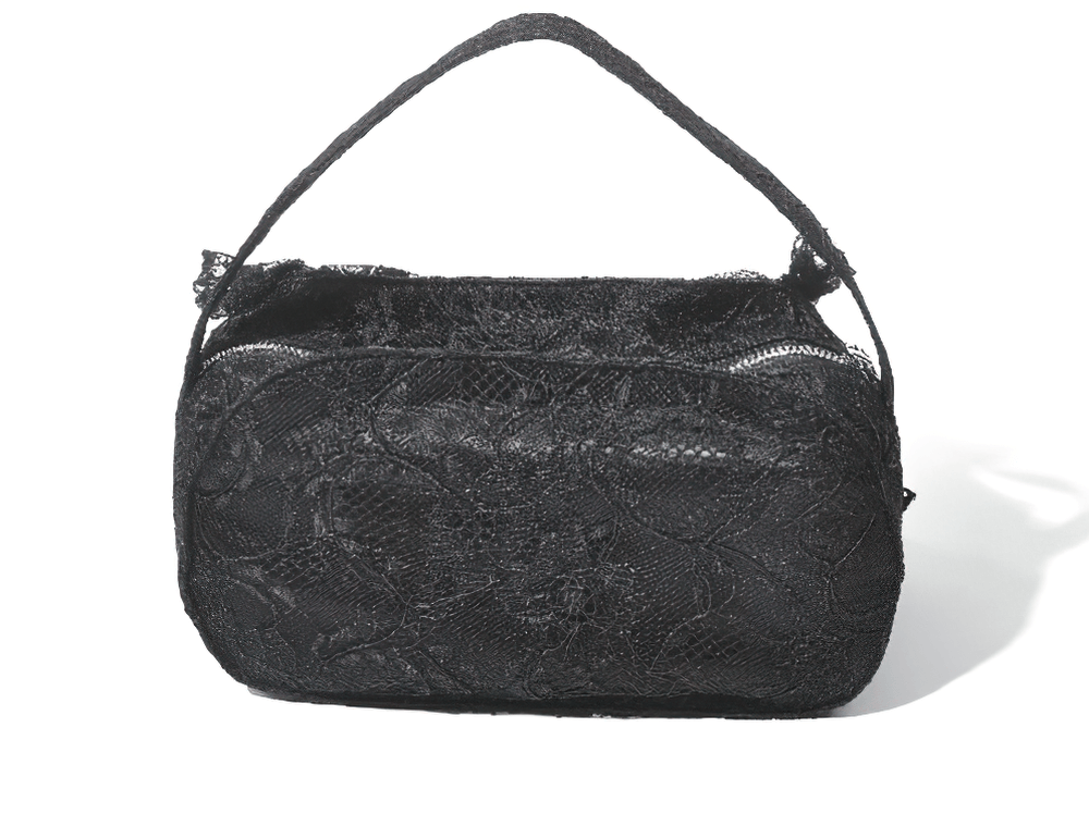 Gothic Lace Bow Mini Handbag with Zipper Closure in black lace with top handle for gothic outfits and dark-romance looks