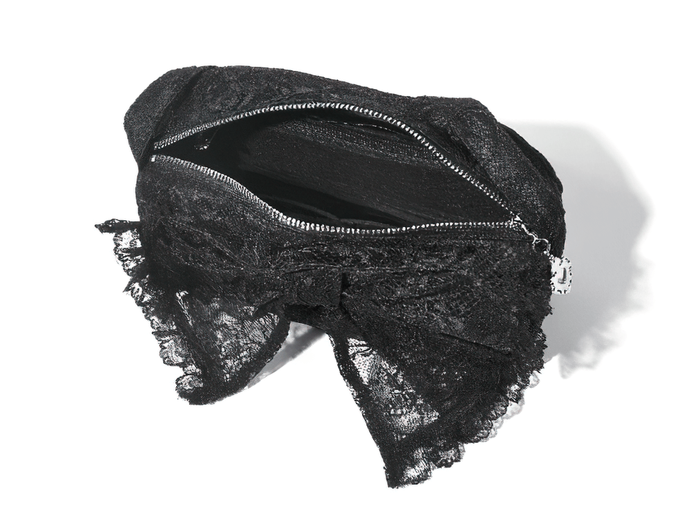 Gothic Lace Bow Mini Handbag with Zipper Closure, vintage black lace purse with a dramatic bow and zip-top.