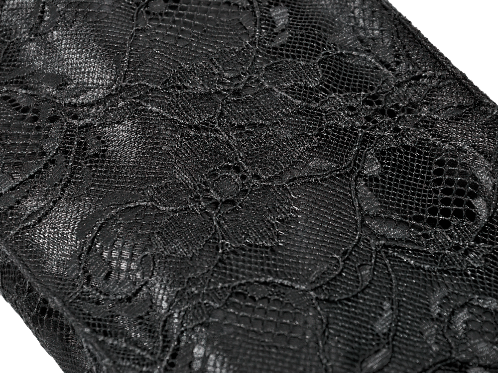 Gothic Lace Bow Mini Handbag with Zipper Closure, featuring intricate black lace texture.