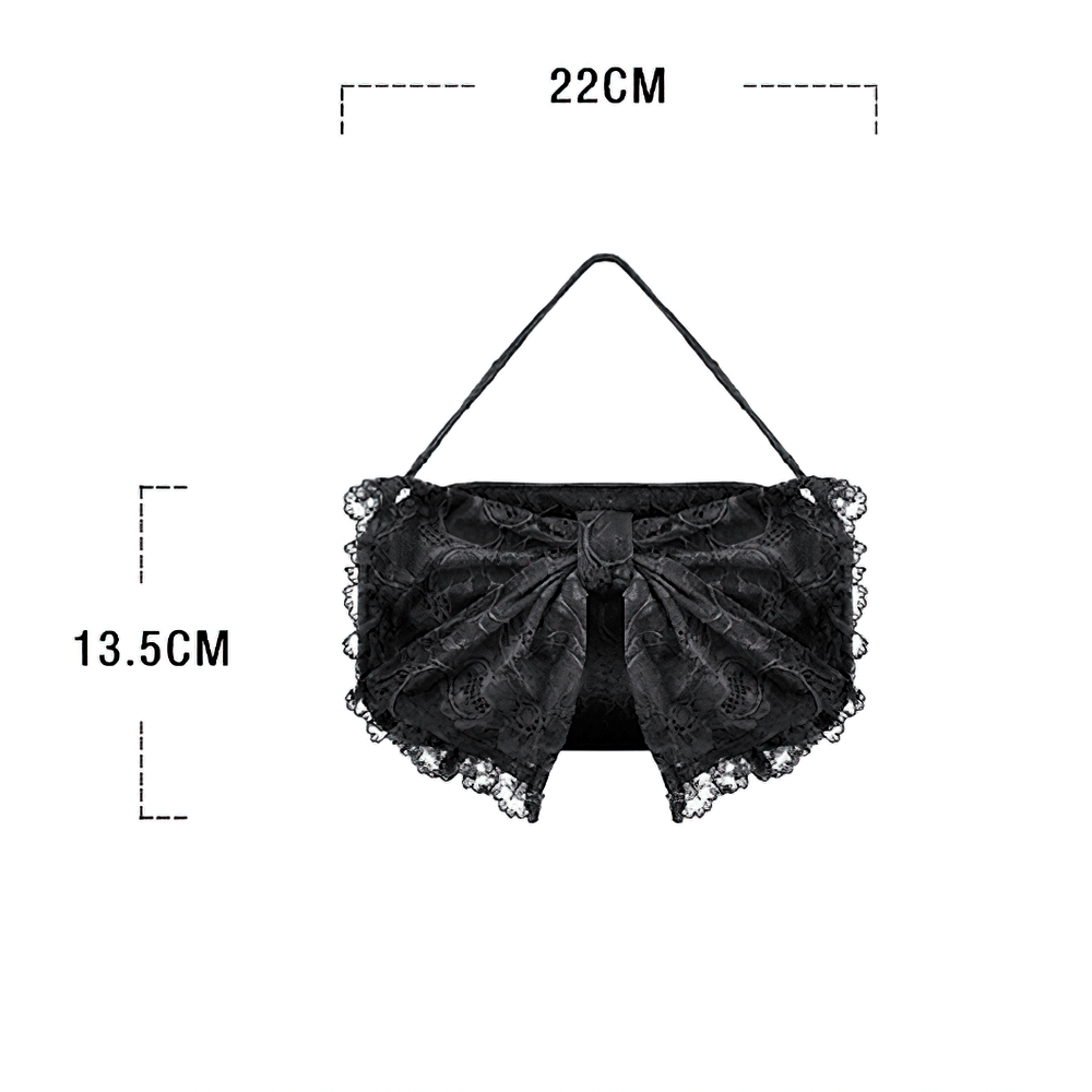 Gothic Lace Bow Mini Handbag with Zipper Closure with elegant floral lace design and dramatic bow, perfect for gothic fashion.
