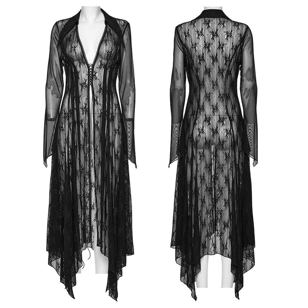 Gothic lace cape with drawstring and irregular hem, showcasing intricate black lace design from front and back.