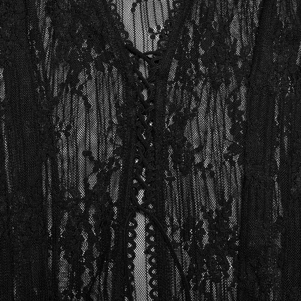 Close-up of a Gothic lace cape featuring a drawstring and intricate irregular hem detail in black fabric.