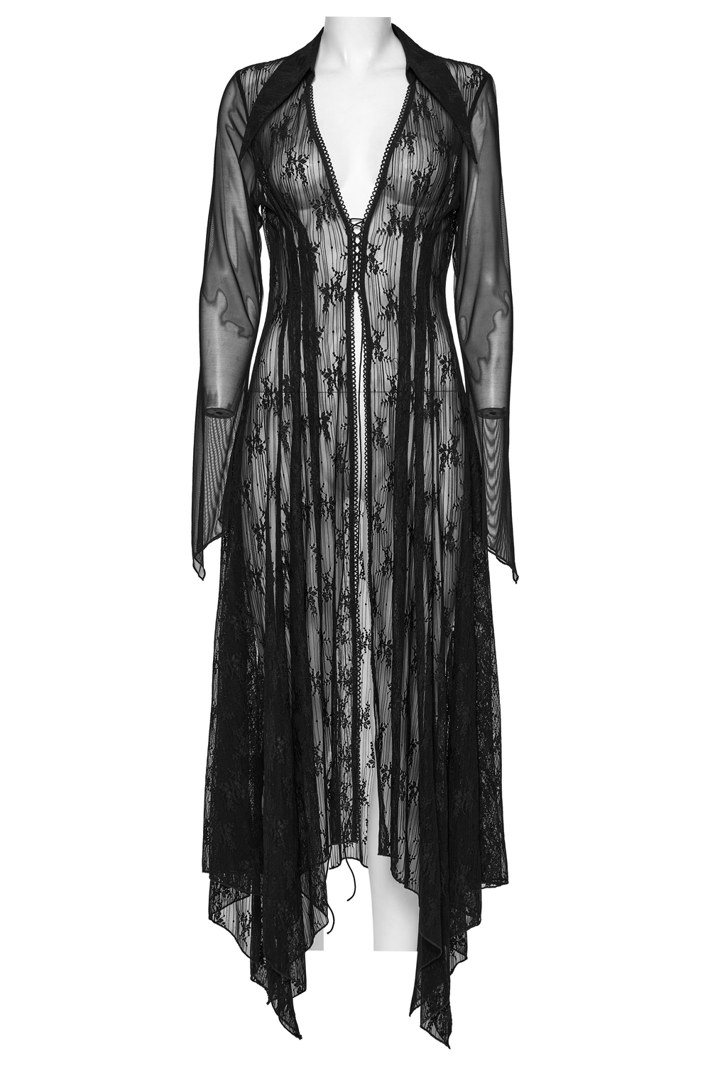 Gothic lace cape featuring a drawstring and elegant irregular hem detail, perfect for adding flair to any outfit.