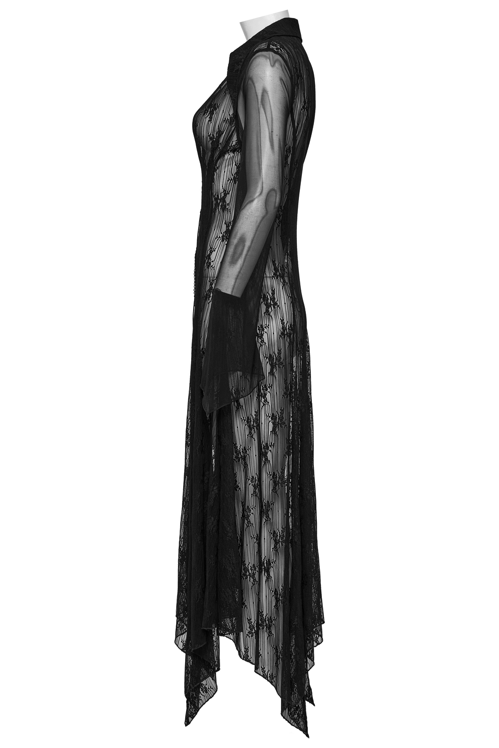 Gothic lace cape side view featuring a drawstring and irregular hem, perfect for a dramatic and stylish look.