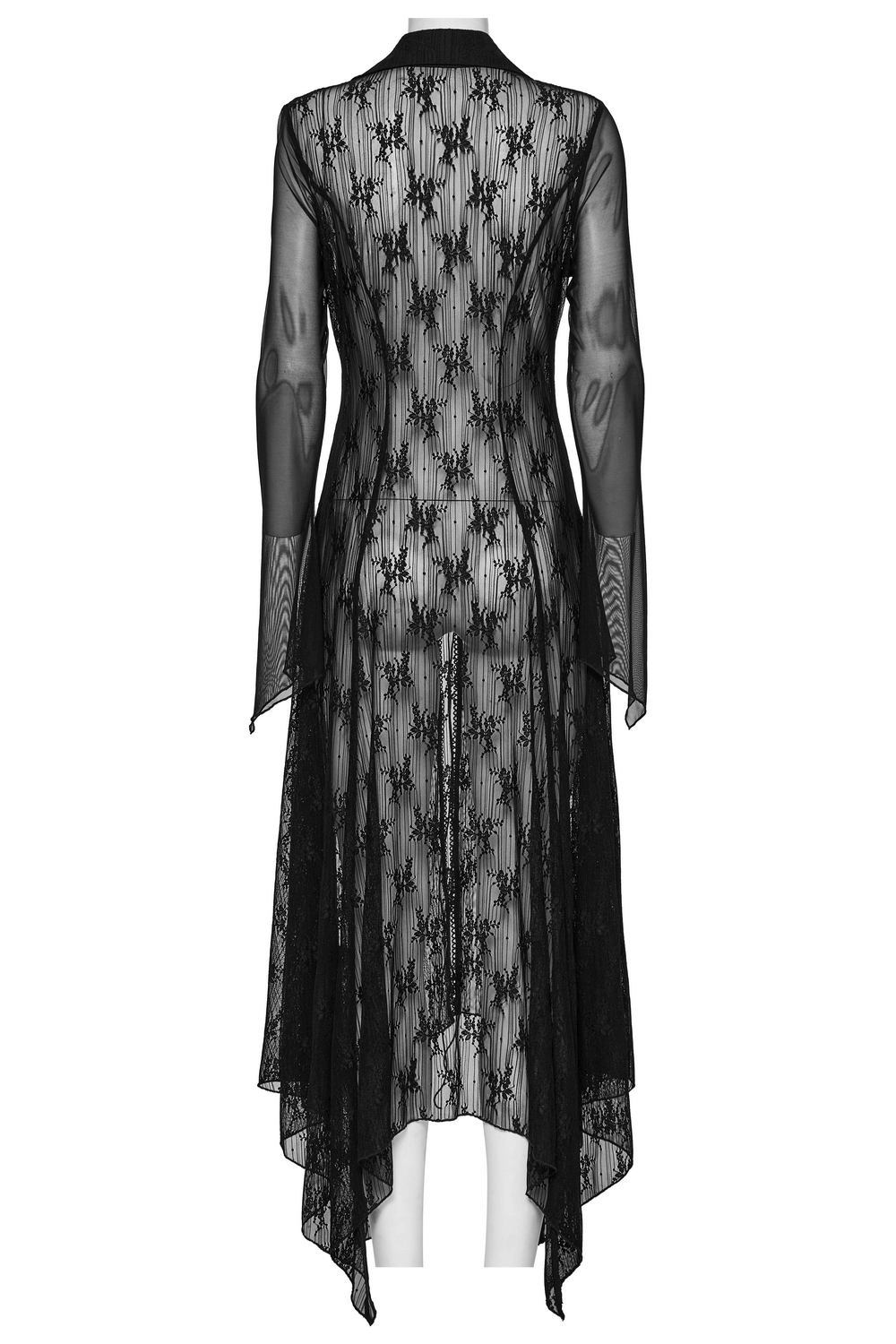 Gothic lace cape featuring drawstring and unique irregular hem, perfect for stylish layering.