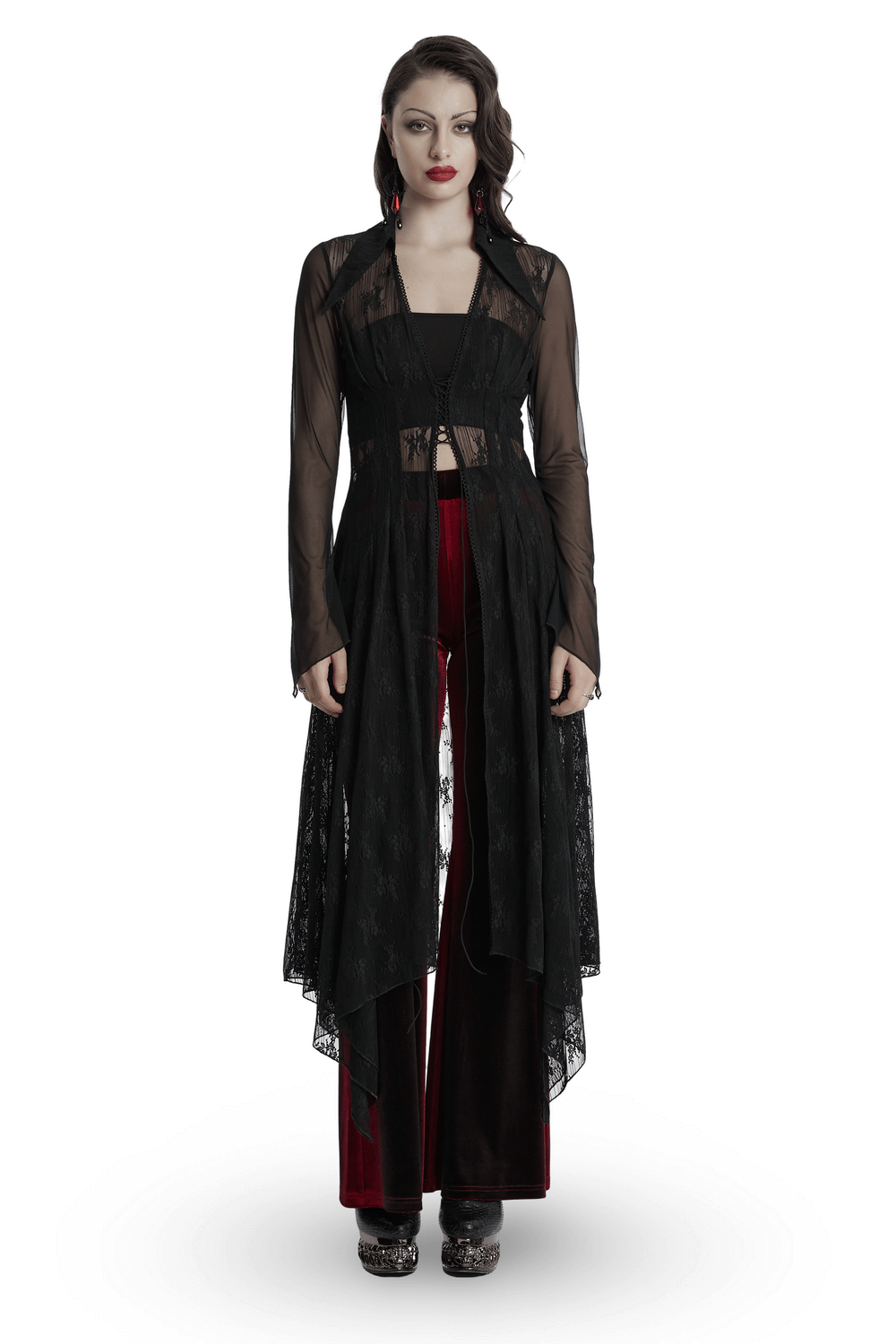 Gothic lace cape with drawstring and irregular hem, perfect for a dramatic, stylish look.