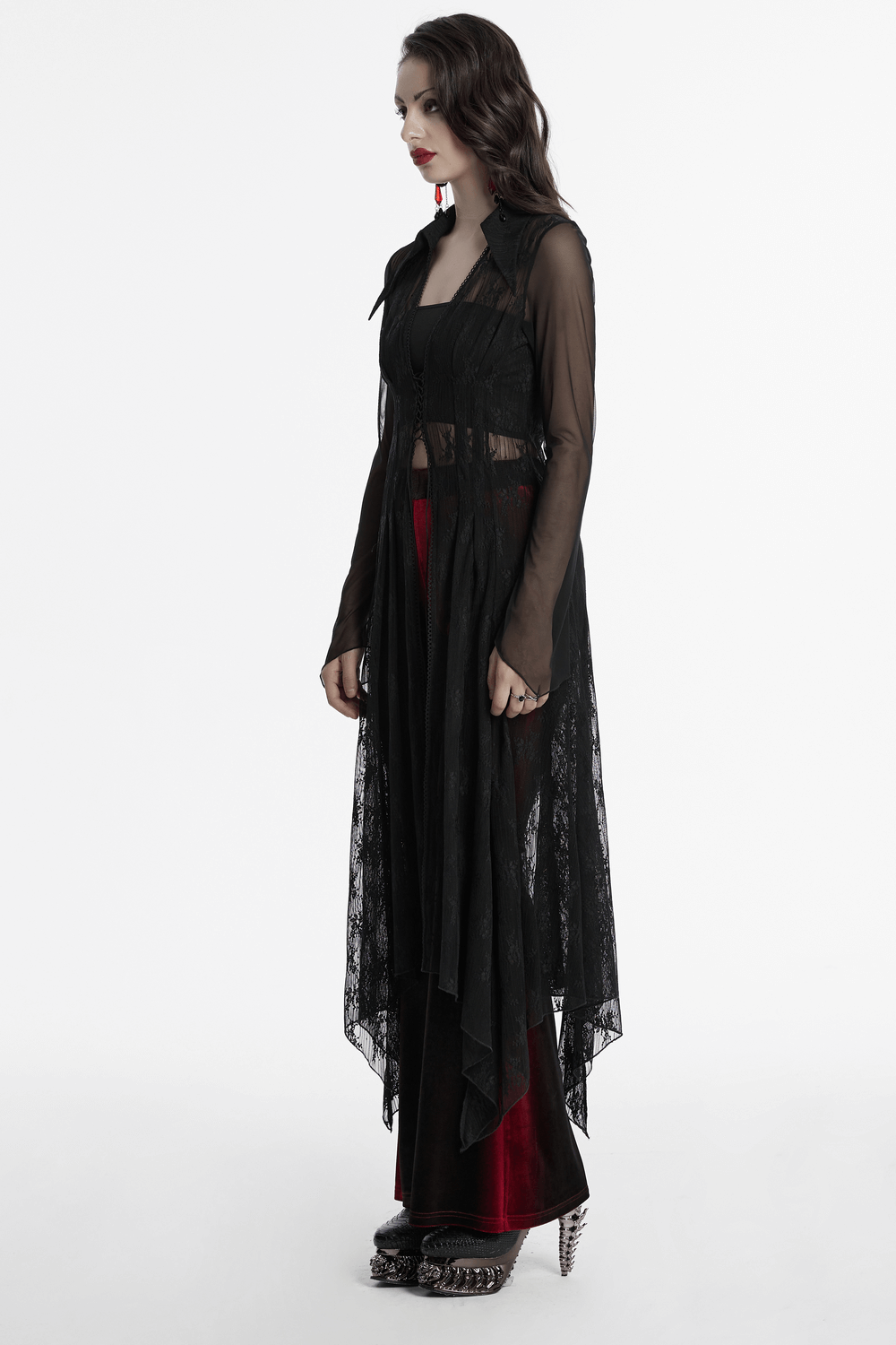 Gothic lace cape with drawstring and irregular hem, showcasing an edgy, elegant look in black.