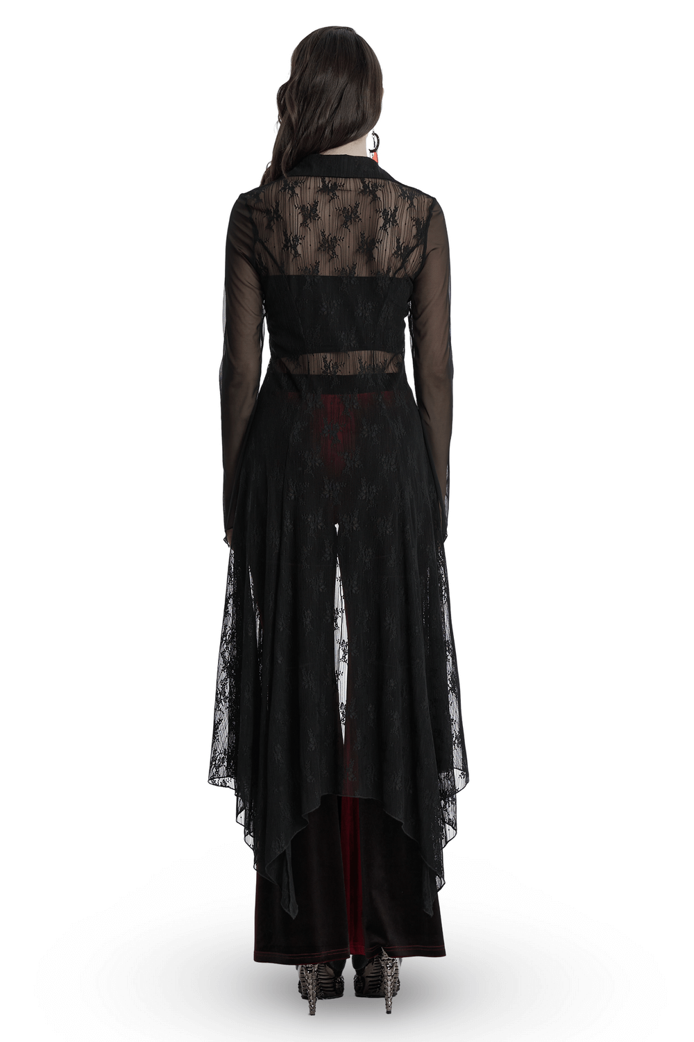 Elegant Gothic lace cape showcasing a drawstring and irregular hem, perfect for a dramatic look.