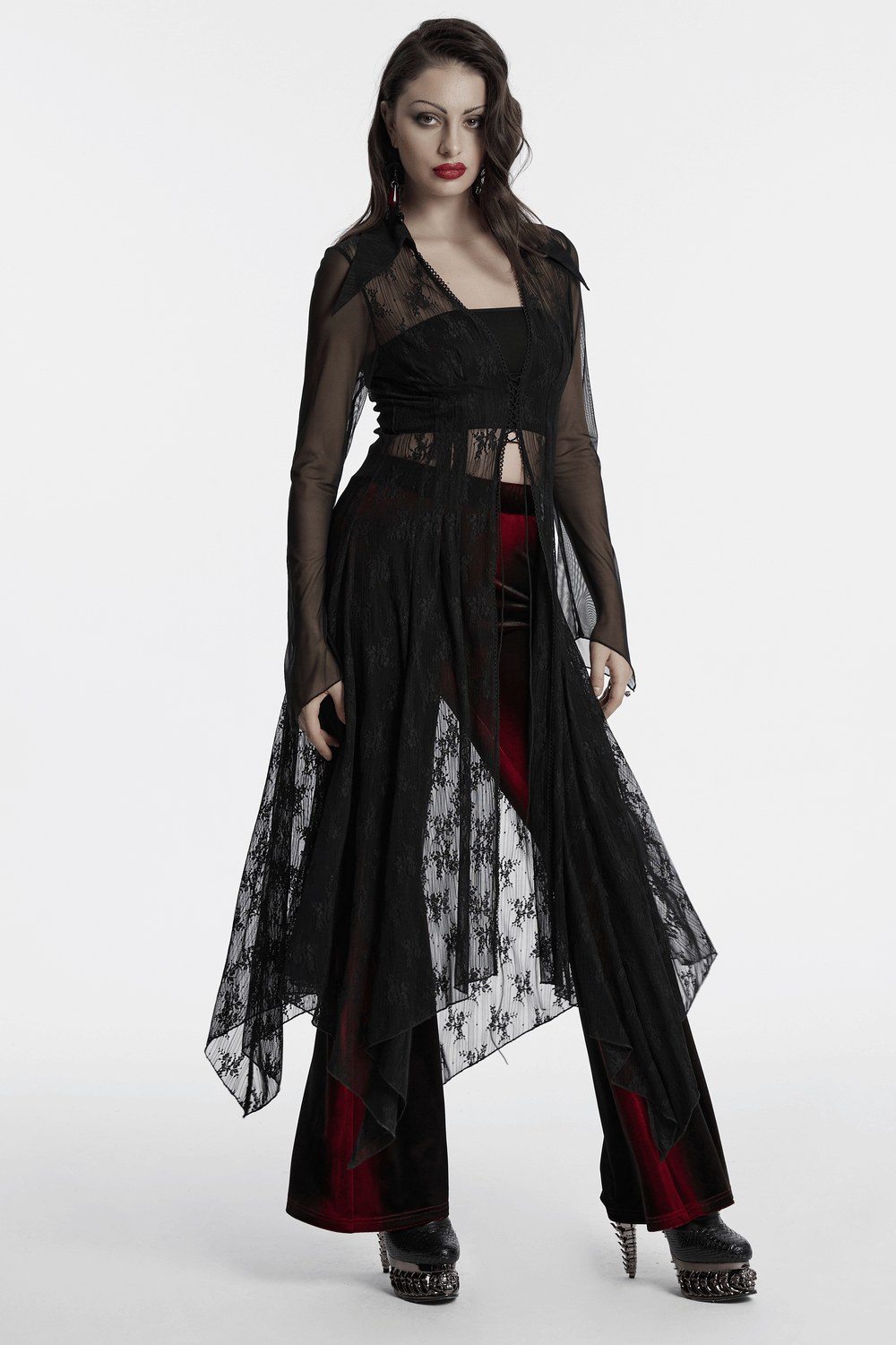 Gothic lace cape with drawstring and irregular hem, perfect for a dramatic and stylish look.