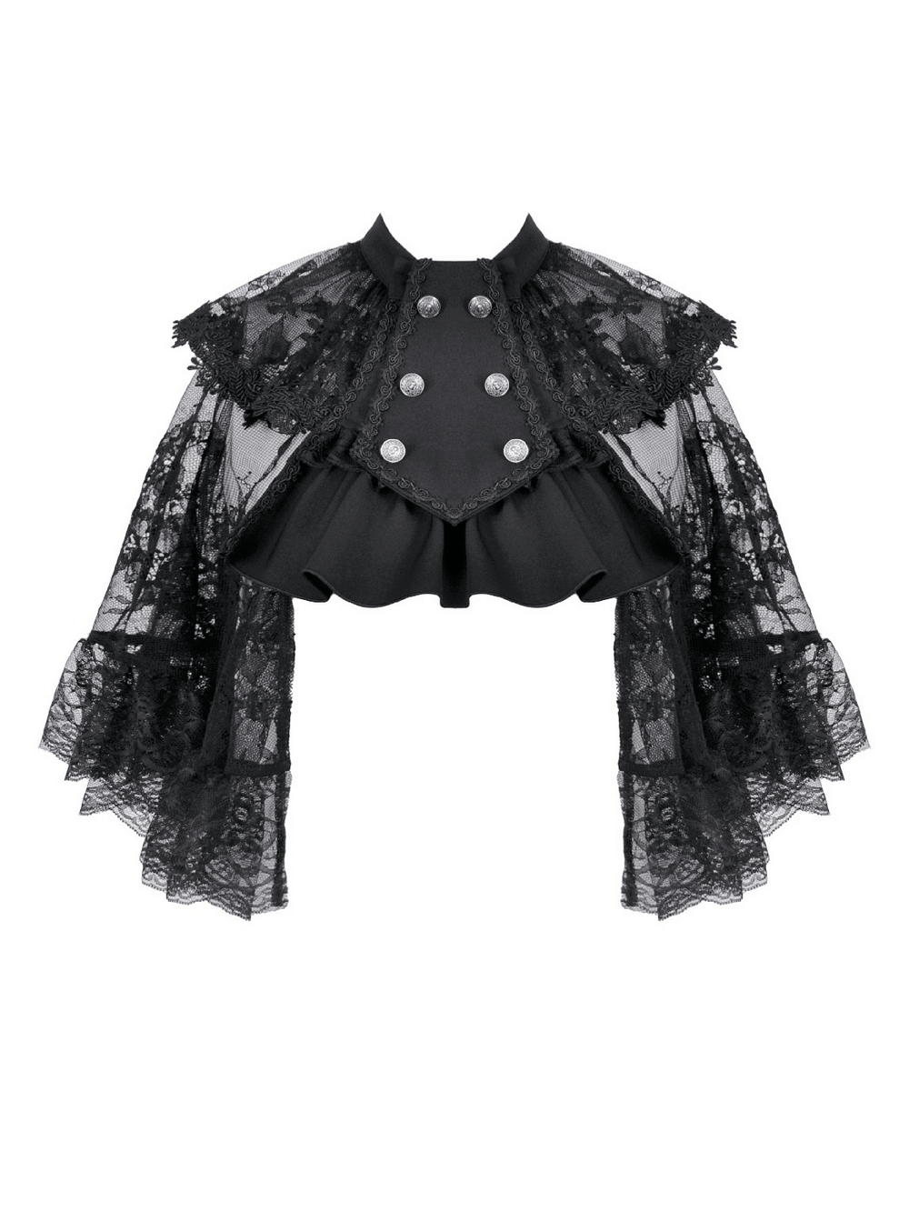 Gothic Lace Capelet with Victorian Sleeves and Buttons showcasing lace ruffles and metal buttons.