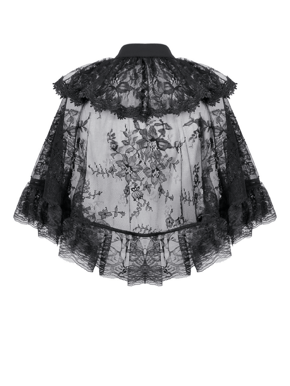 Gothic Lace Capelet with Victorian Sleeves and Buttons, featuring intricate lace ruffles and a dramatic silhouette.