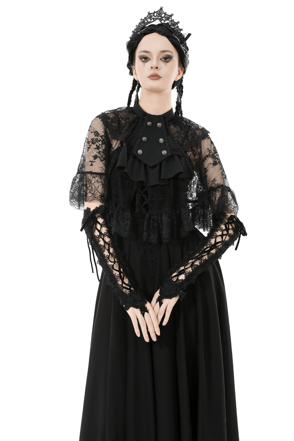 Gothic Lace Capelet with Victorian Sleeves and Buttons worn by model, featuring lace ruffles and buttons for a dramatic look.