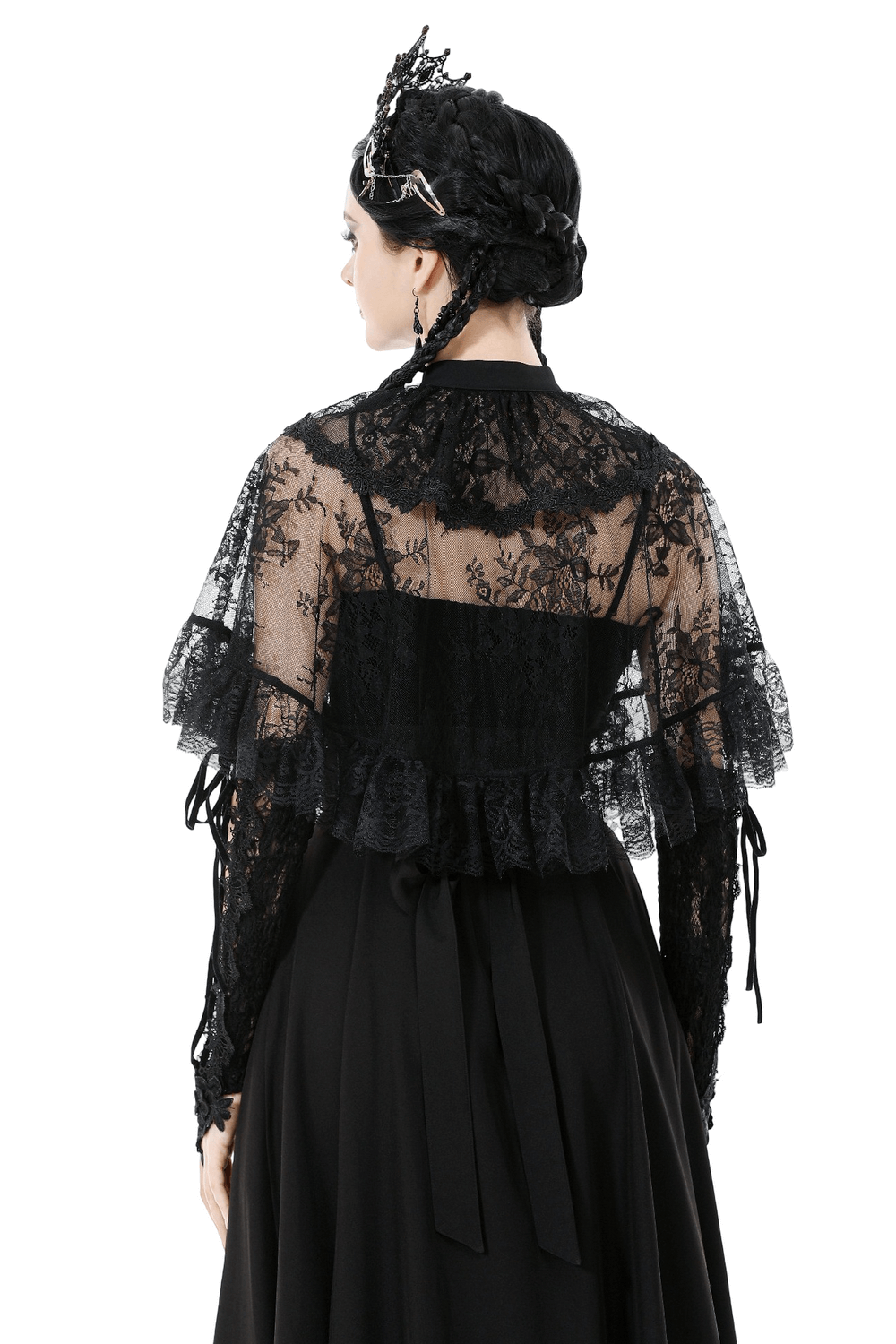 Gothic Lace Capelet with Victorian Sleeves and Buttons showcasing sheer lace ruffles and elegant silhouette.