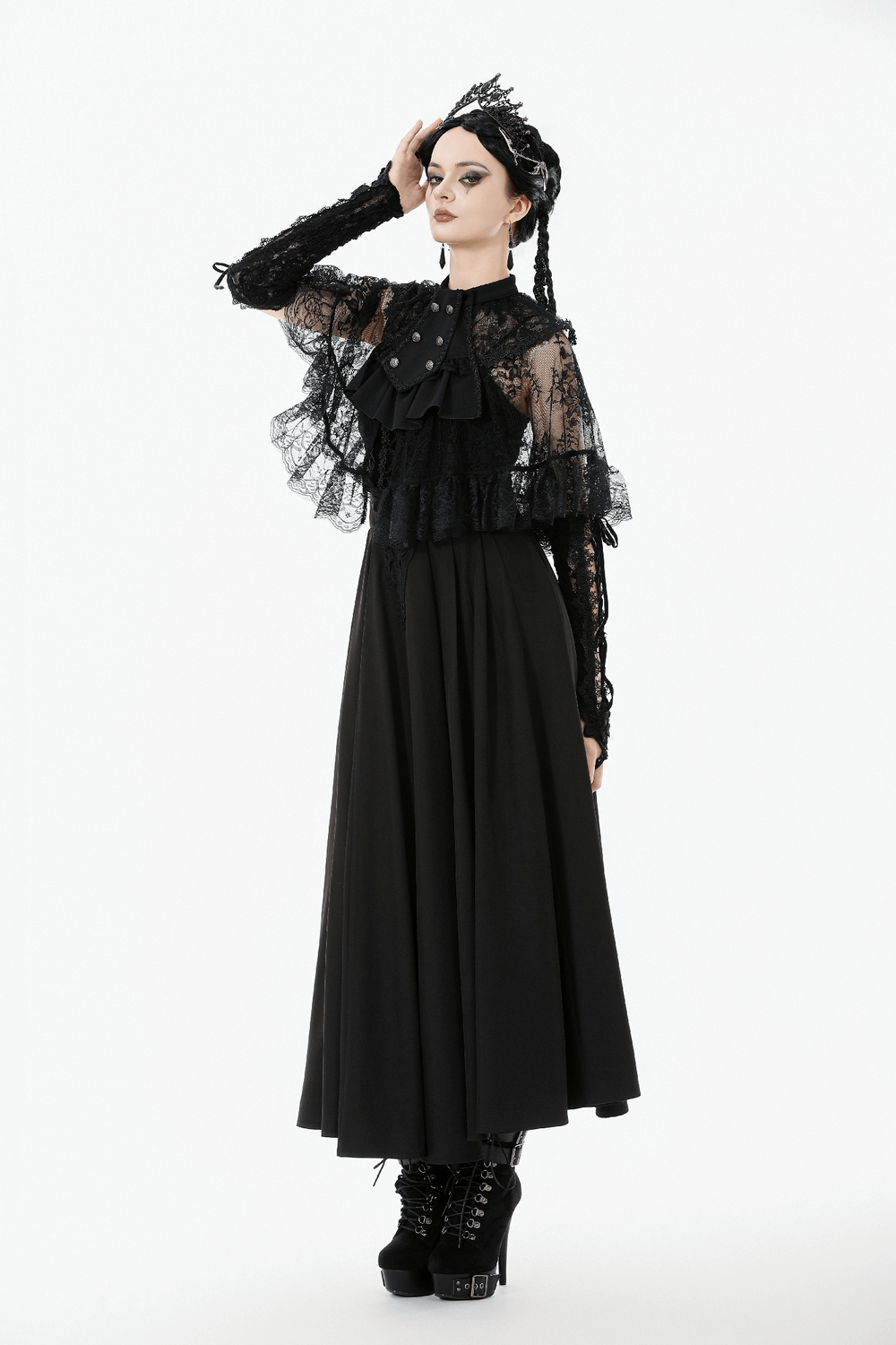 Gothic Lace Capelet with Victorian Sleeves and Buttons styled with elegant black dress and bold accessories.