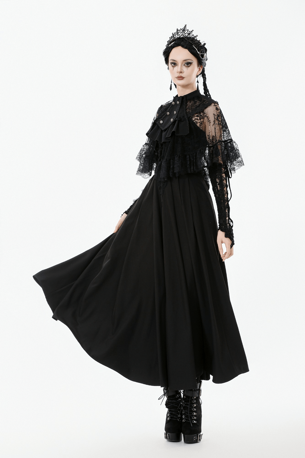 Gothic Lace Capelet with Victorian Sleeves and Buttons draping elegantly over a model in dark fashion.