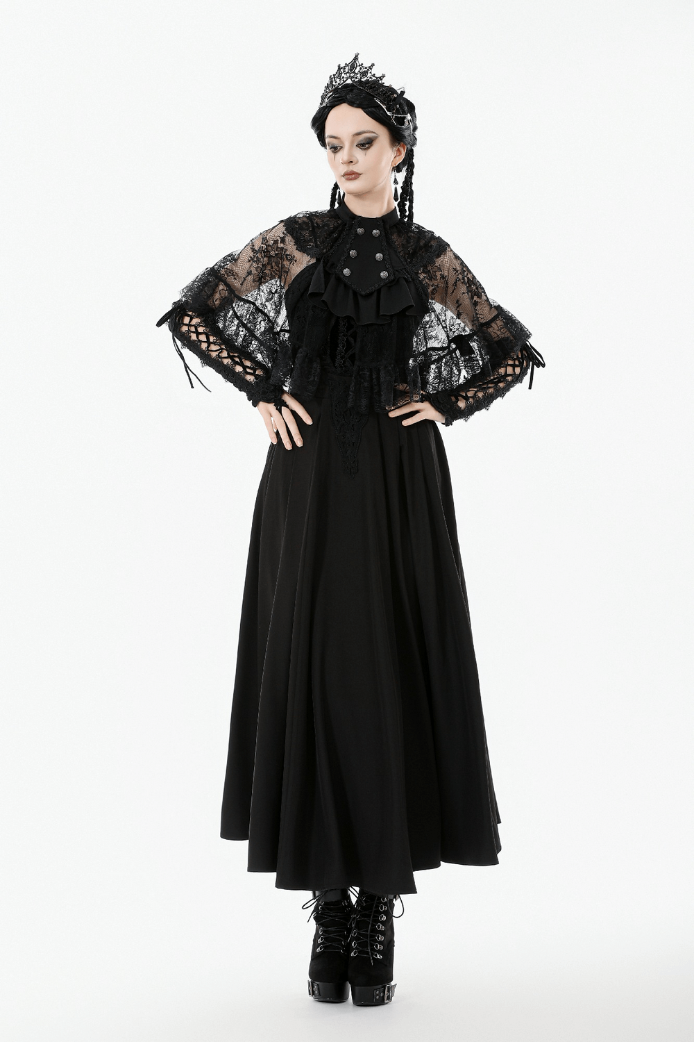 Gothic Lace Capelet with Victorian Sleeves and Buttons worn over a long black dress with lace ruffles and a statement silhouette.