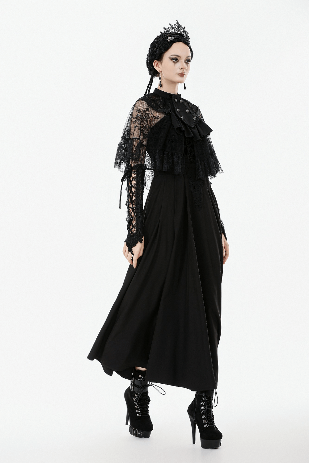 Gothic Lace Capelet with Victorian Sleeves and Buttons worn over a flowing black dress, showcasing lace details and dramatic flair.