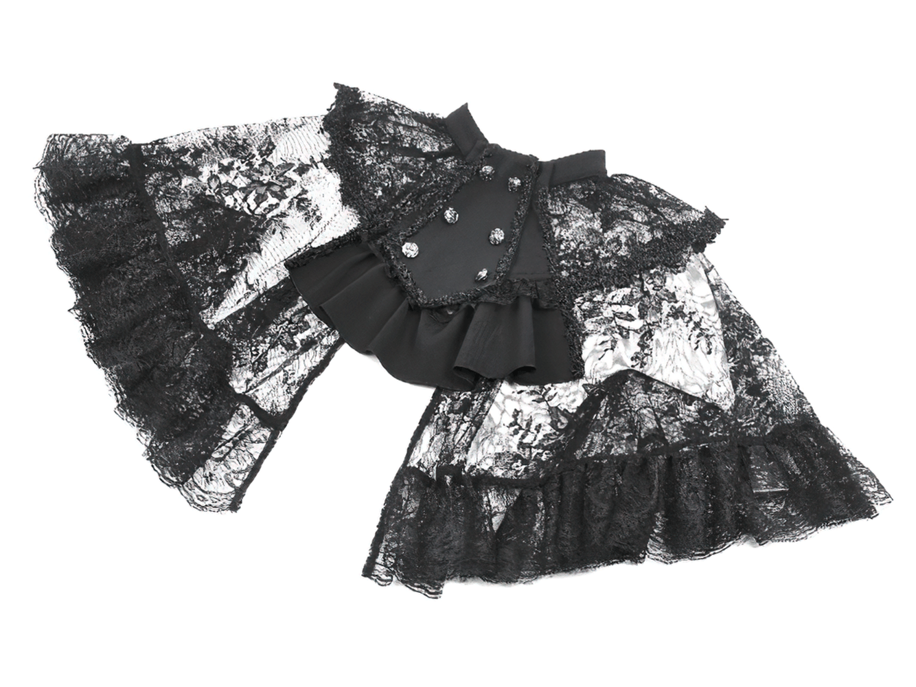 Gothic Lace Capelet with Victorian Sleeves and Buttons showcasing black lace ruffles and metal buttons.