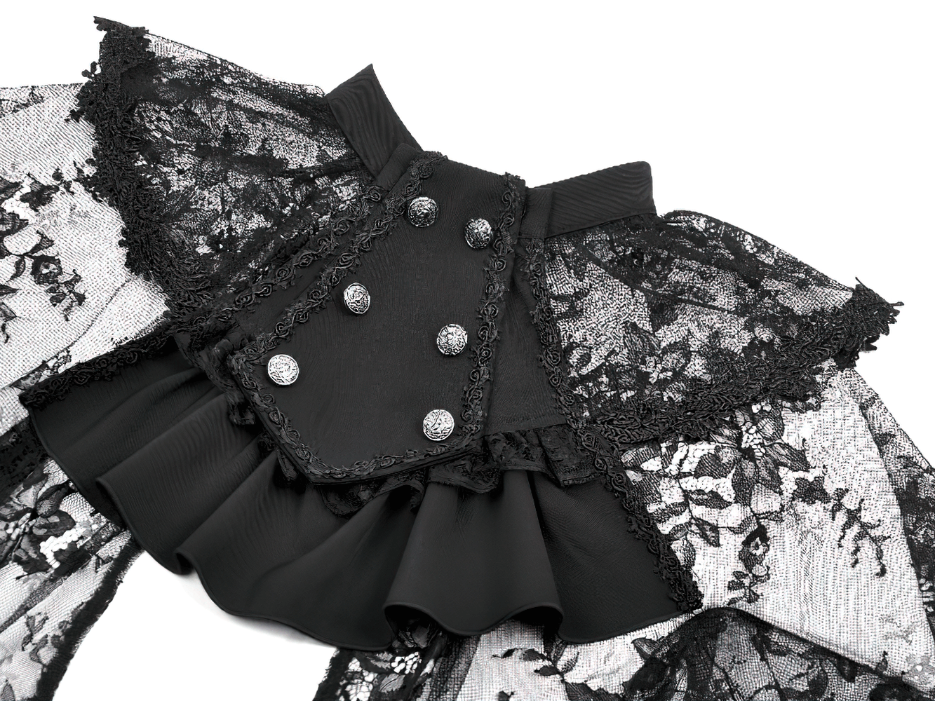 Gothic Lace Capelet with Victorian Sleeves and Buttons featuring lace ruffles and metallic buttons for dramatic flair.