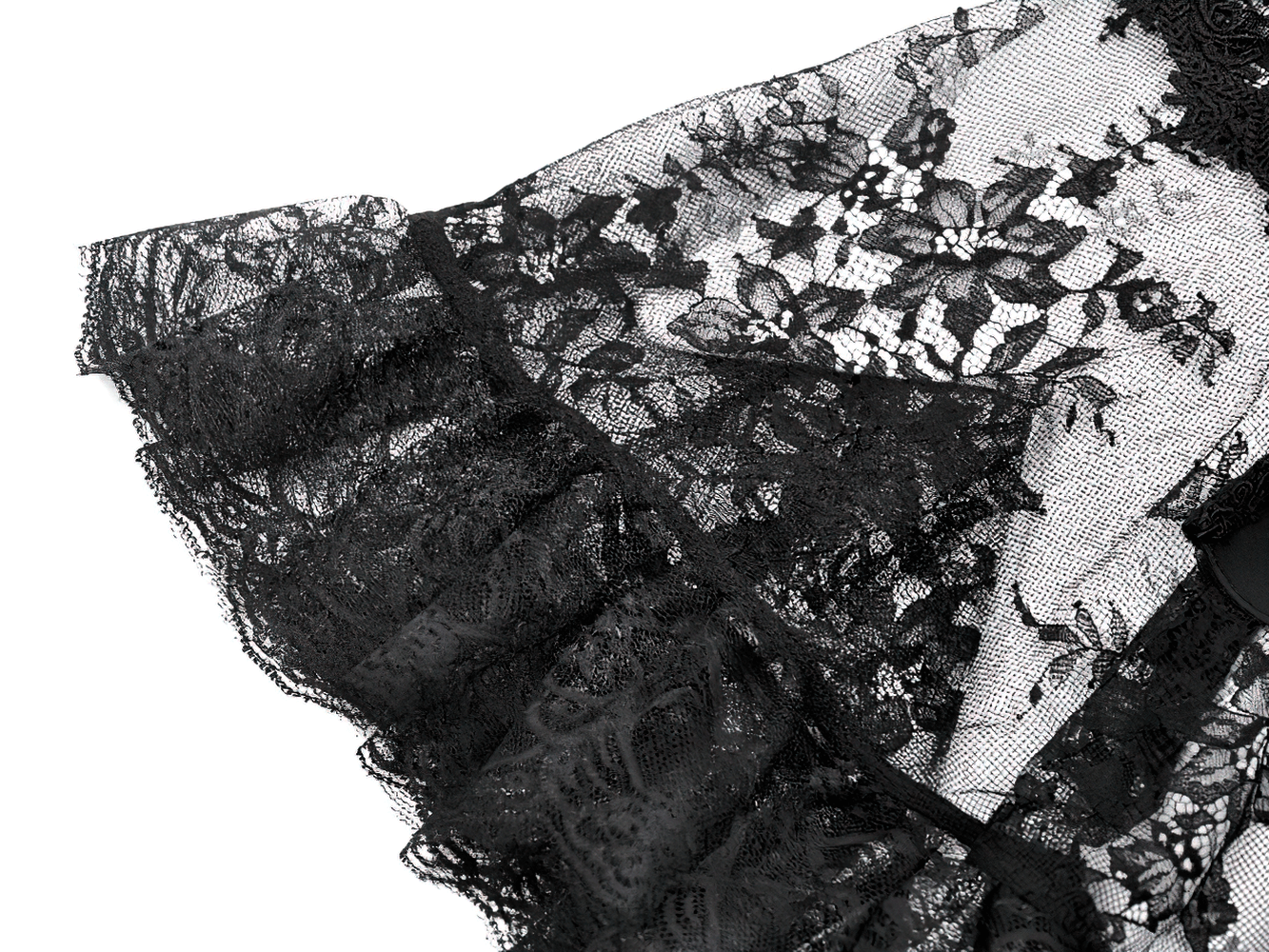 Gothic Lace Capelet with Victorian Sleeves and Buttons showcasing intricate lace ruffles and floral patterns.