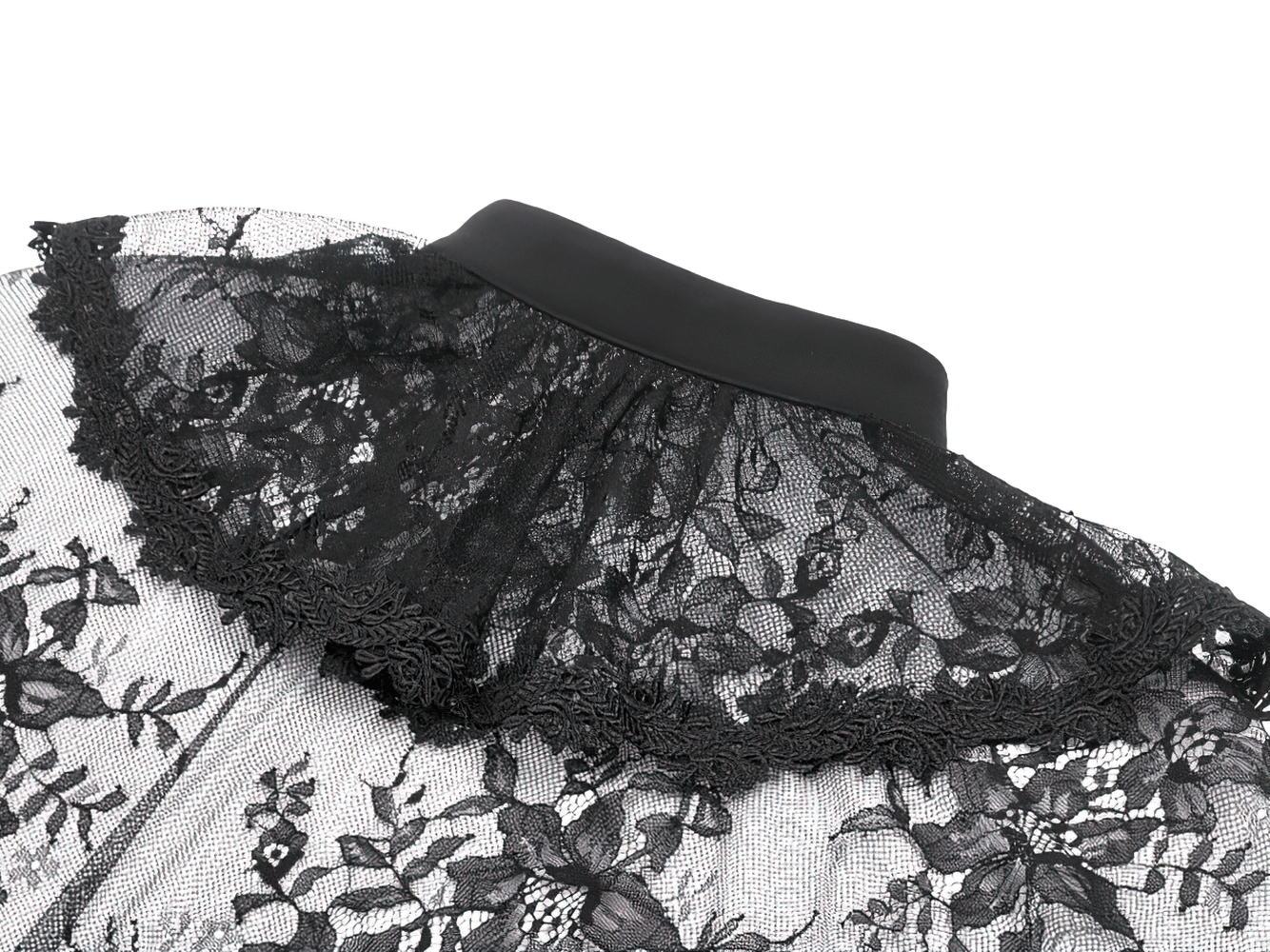 Gothic Lace Capelet with Victorian Sleeves and Buttons close-up of lace ruffle collar detail.