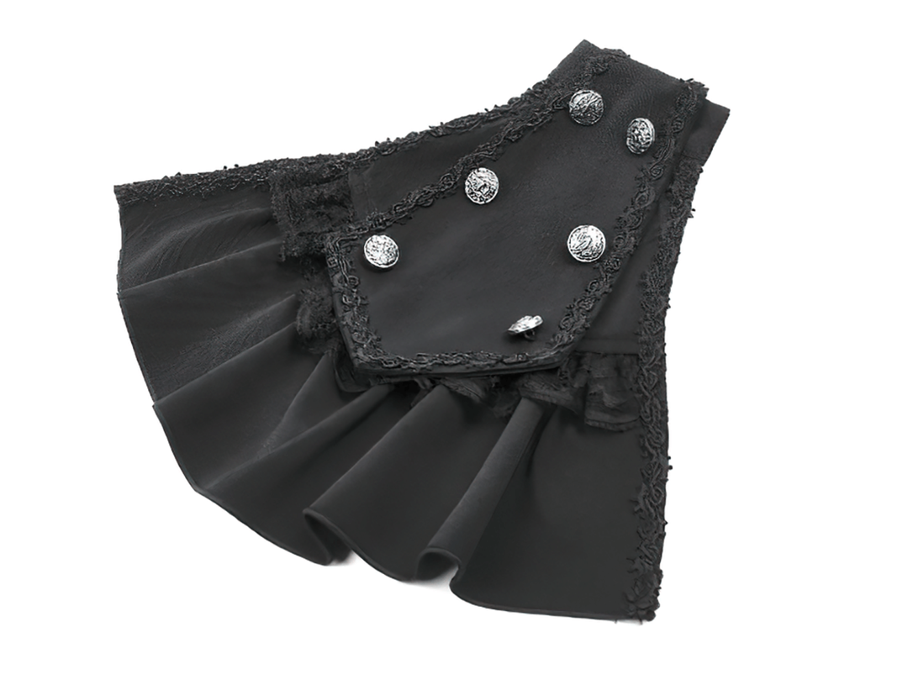 Gothic Lace Capelet with Victorian Sleeves and Buttons, elegant black bolero cape with lace ruffles and metal buttons.