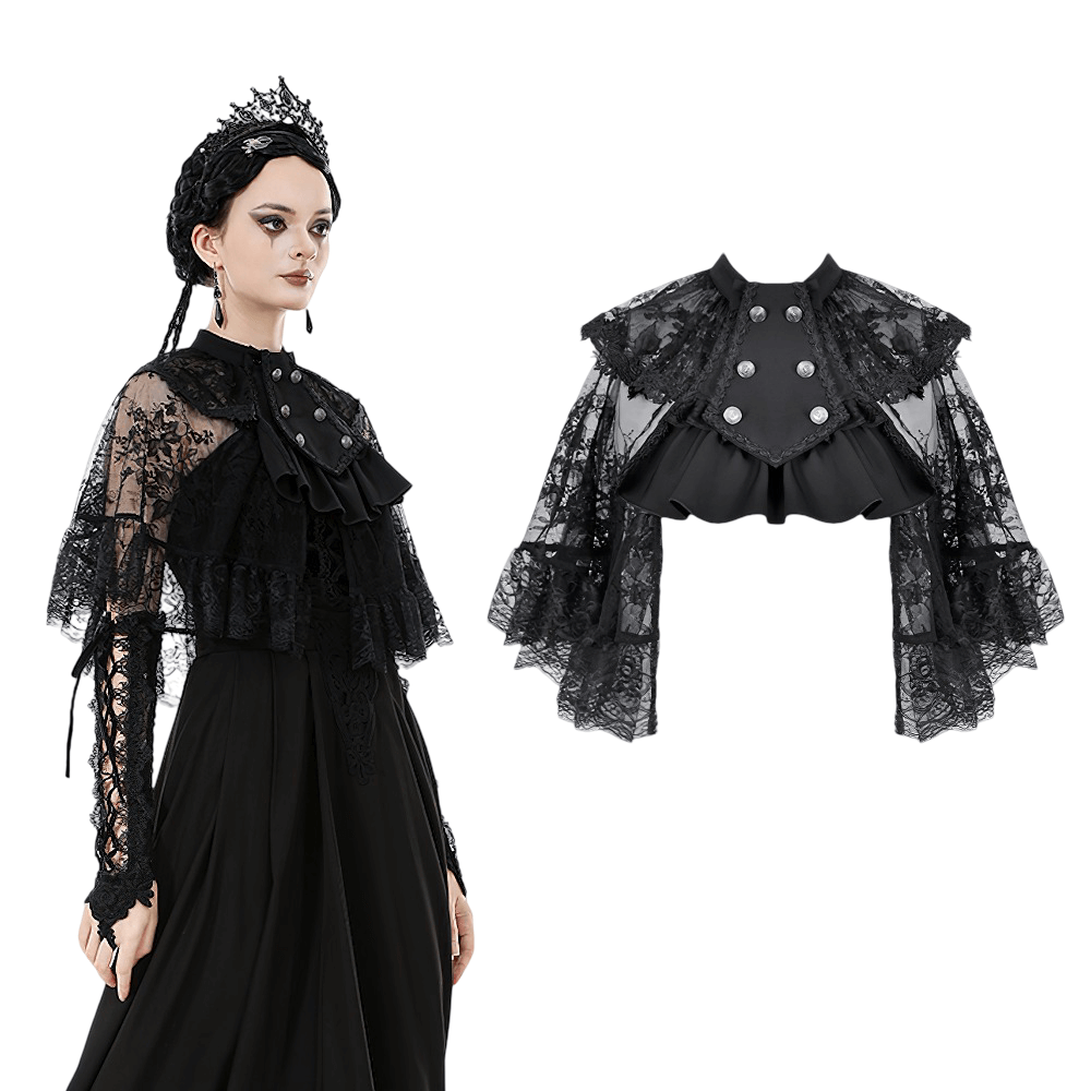 Gothic Lace Capelet with Victorian Sleeves and Buttons showcasing lace ruffles and metal buttons for dark fashion.