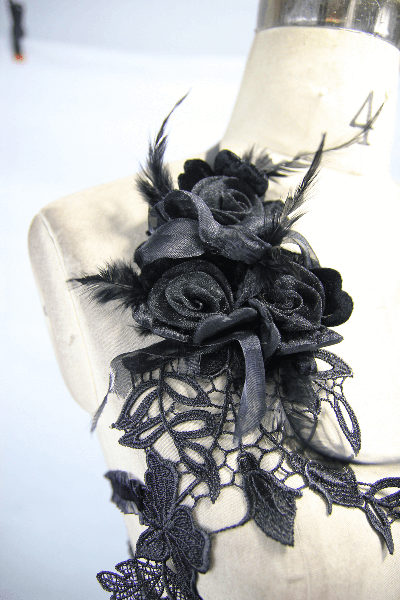 Elegant black lace and floral detail showing the Gothic Lace Chest Harness Top for a sexy, stylish look.