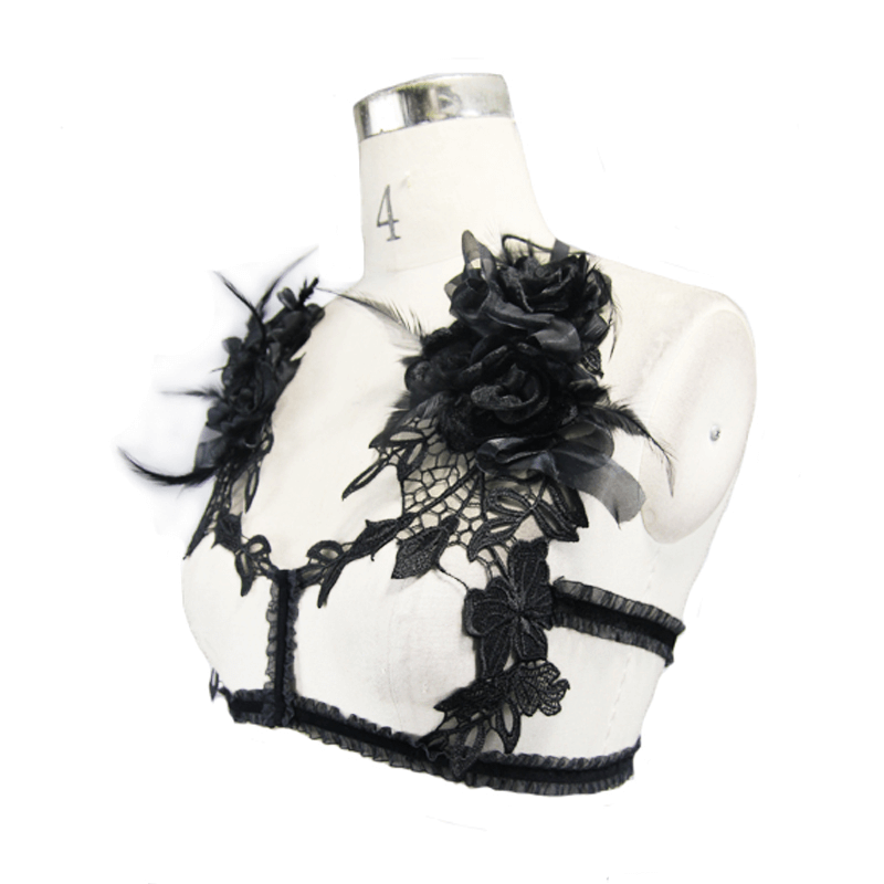 Gothic lace chest harness top featuring black lace, floral details, and elastic straps for a graceful, sexy look.