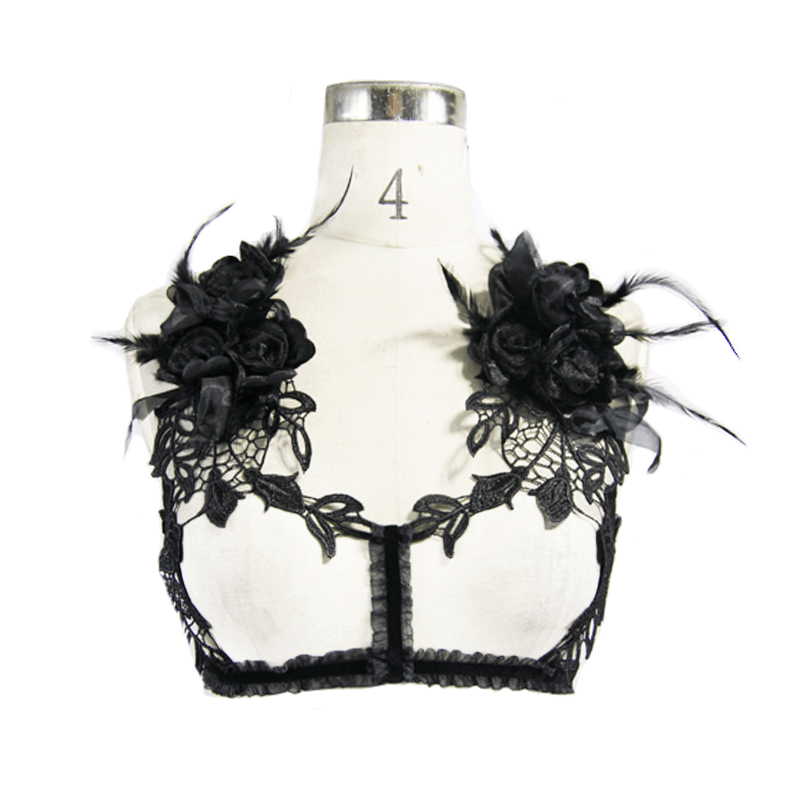 Gothic black lace chest harness top with floral embellishments, perfect for a graceful and sexy look.