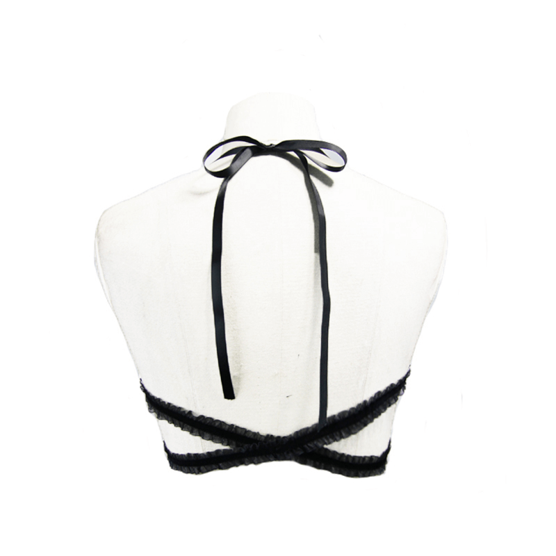 Back view of a sexy black lace chest harness top with elastic straps and a chic bow tie in gothic style.