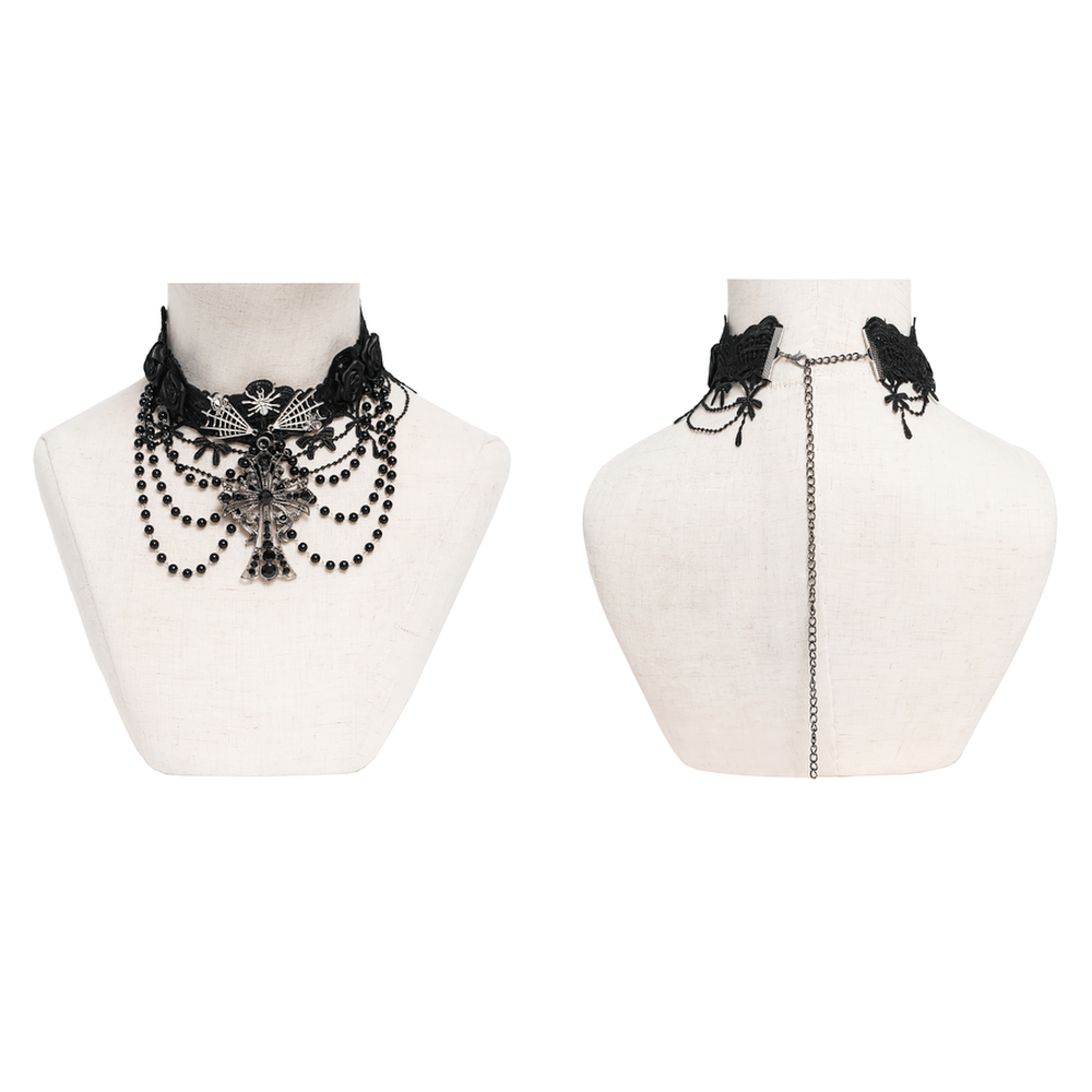 Gothic Lace Choker Necklace with Cross Pendant displayed on a mannequin showcasing intricate rose lace and bead details.
