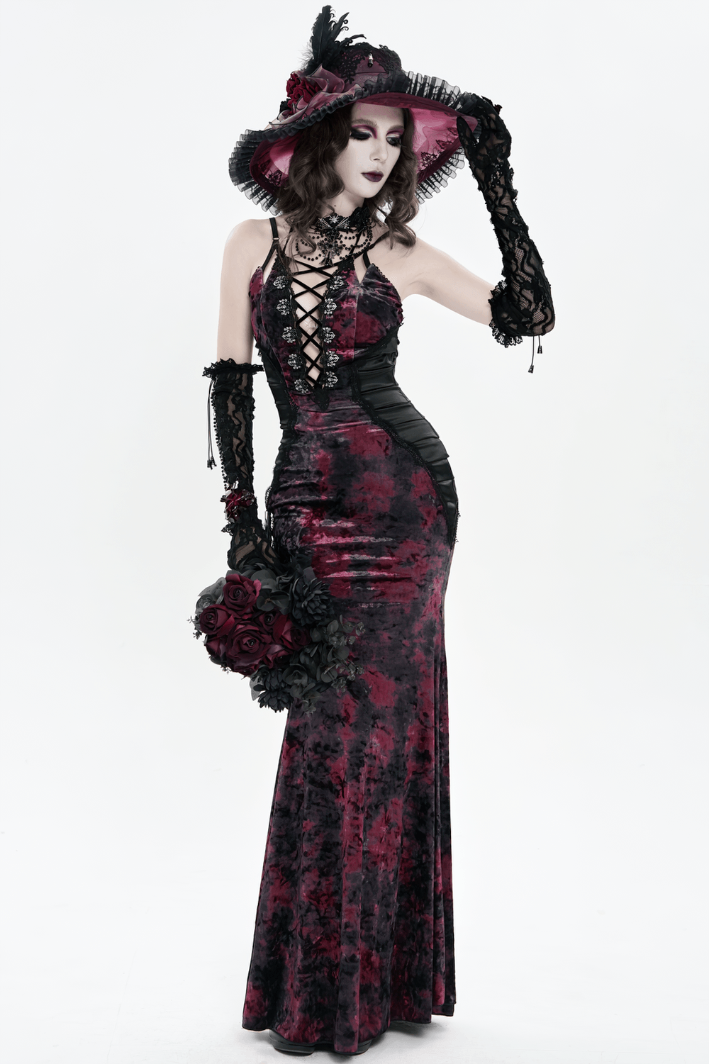 Gothic Lace Choker Necklace with Cross Pendant paired with dark romantic gown and hat for a striking Victorian look.