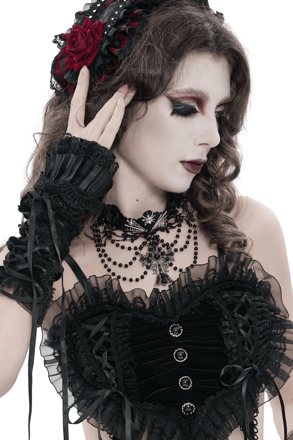 Gothic Lace Choker Necklace with Cross Pendant worn by model in dark romantic attire, showcasing rose lace and beaded details.