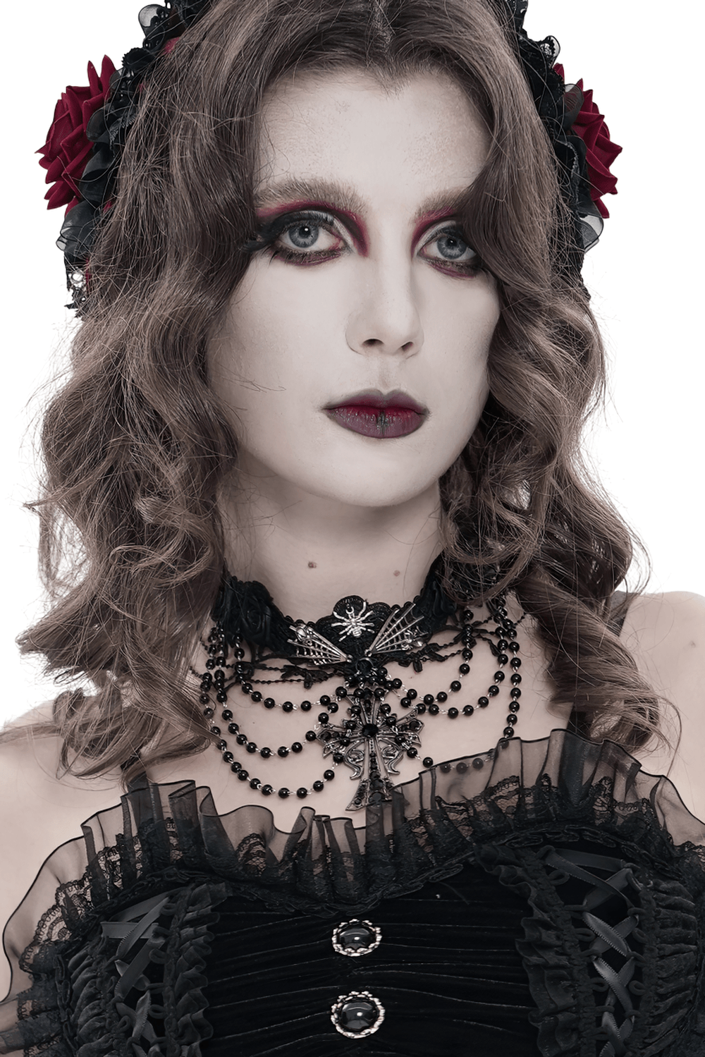 Gothic Lace Choker Necklace with Cross Pendant worn by model with dark makeup and rose accents.