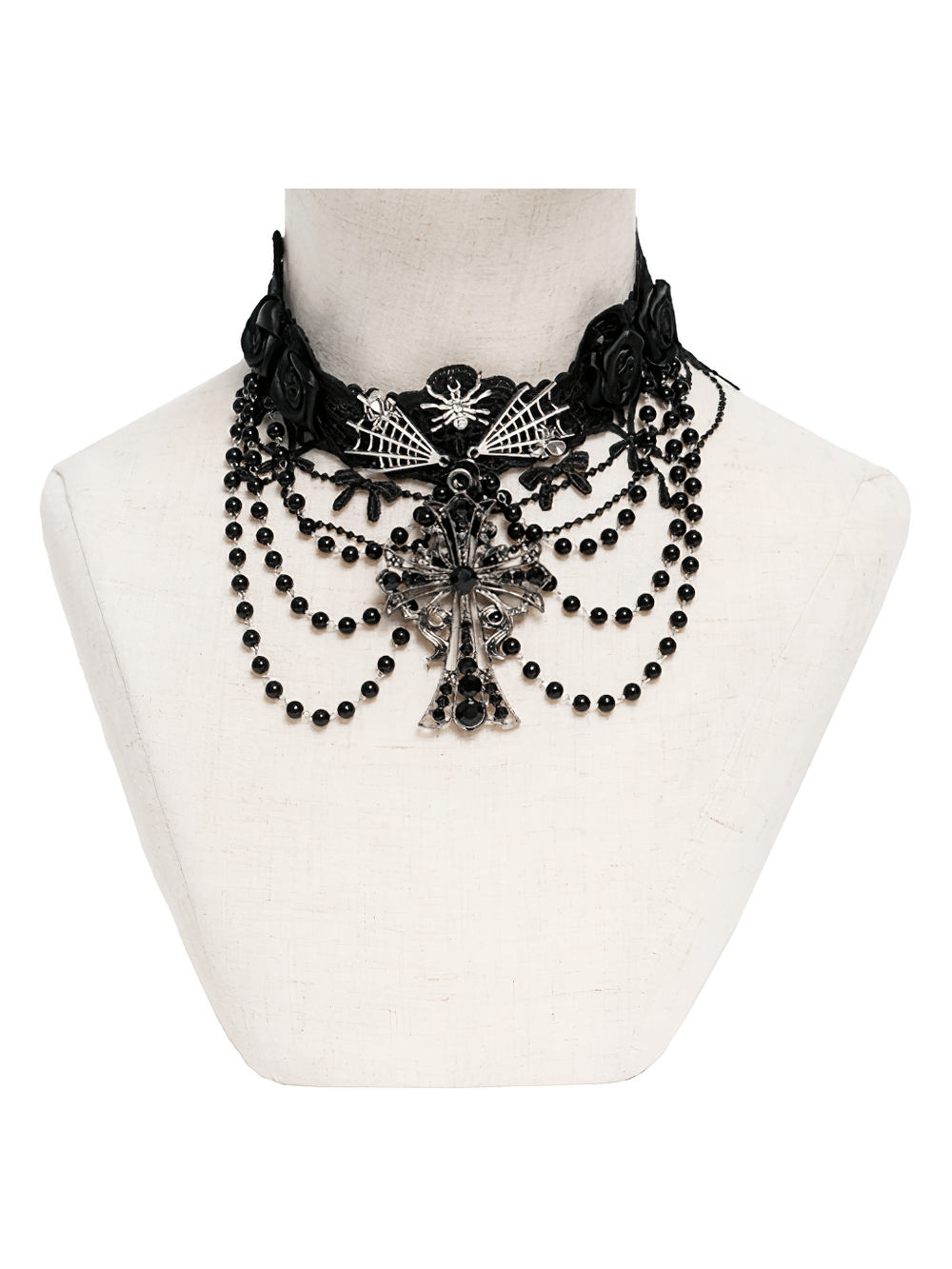Gothic Lace Choker Necklace with Cross Pendant featuring lace, beads, and spiderweb accents for dark romantic fashion.