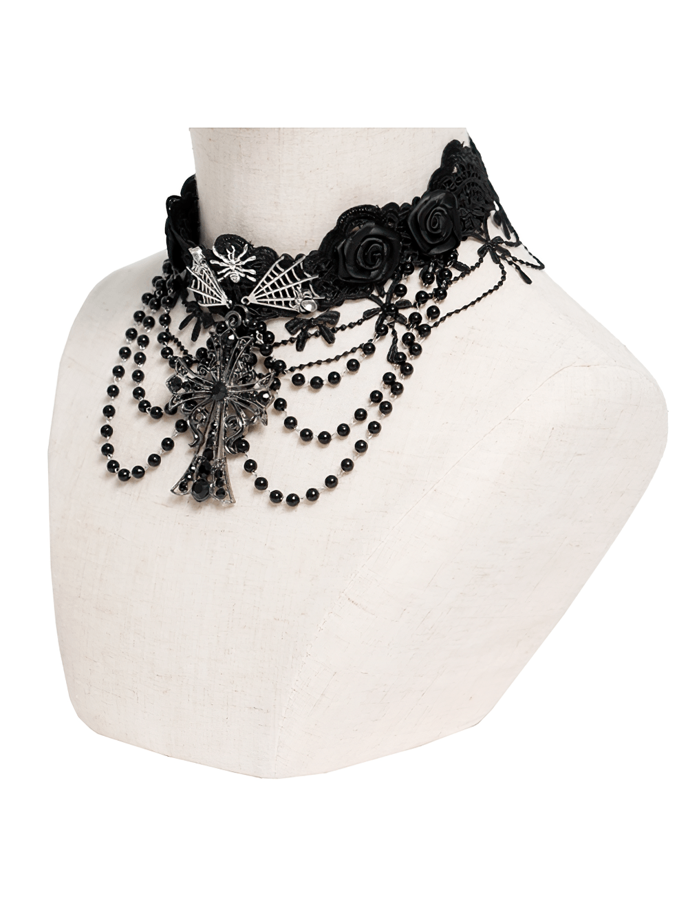 Gothic Lace Choker Necklace with Cross Pendant featuring rose lace, spiderweb accents, and layered beaded drapes.