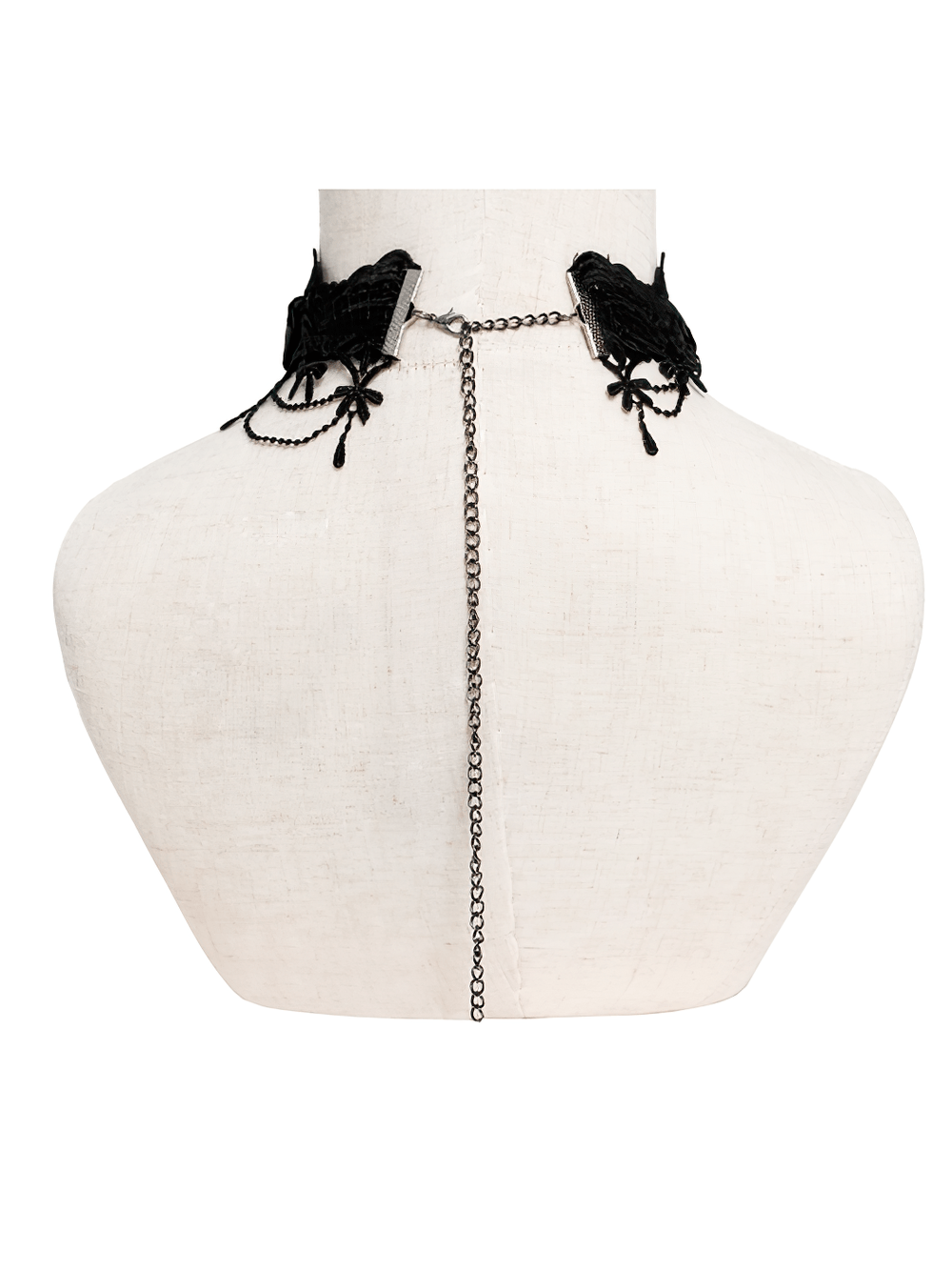 Gothic Lace Choker Necklace with Cross Pendant showcasing rose lace trim and spiderweb accents on a mannequin.