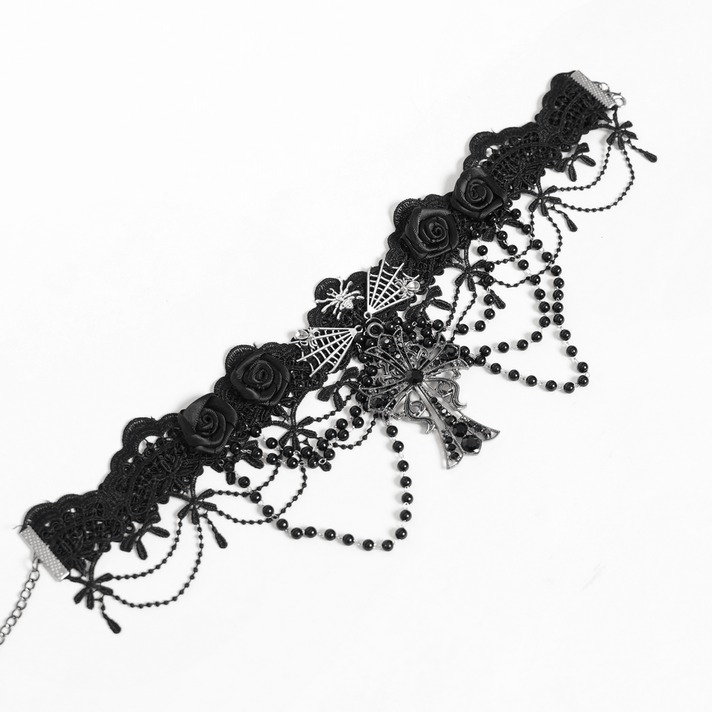 Gothic Lace Choker Necklace with Cross Pendant featuring rose lace, spiderweb accents, and layered beaded drapes.