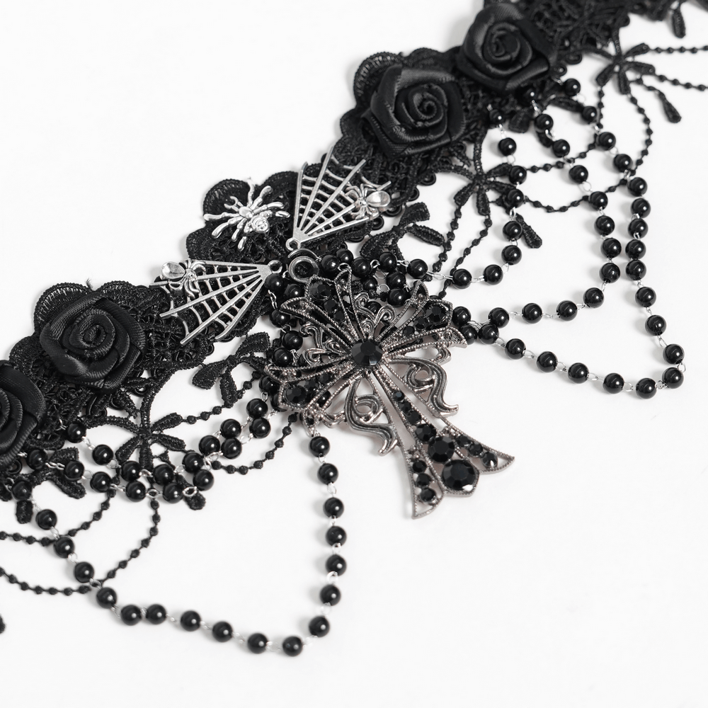 Gothic Lace Choker Necklace with Cross Pendant featuring rose lace, spiderweb accents, and layered beaded drapes.
