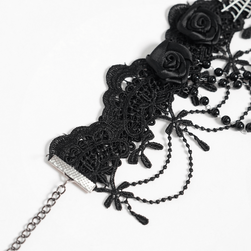 Gothic Lace Choker Necklace with Cross Pendant featuring black rose lace trim and beaded accents.
